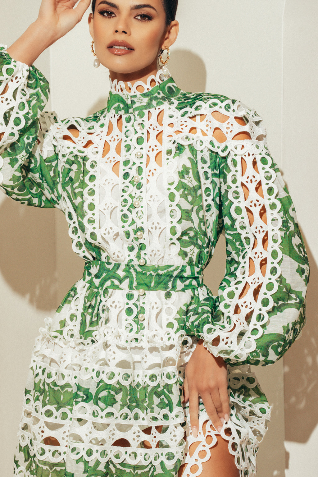 EMBROIDERED PRINTED DRESS | GREEN